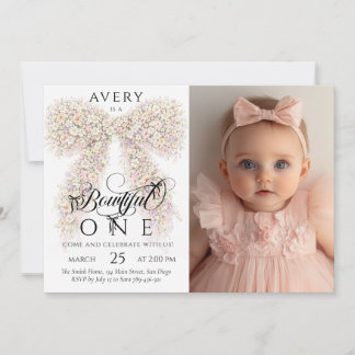 Wunderschöne Eins Blumen-Schleife Baby Mädchen 1. Einladung