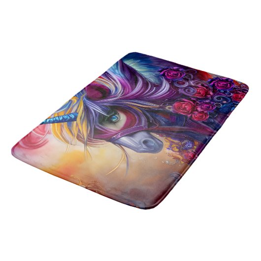 Wunderschöne farbenfrohe Einhorn Badematte (Schrägansicht)