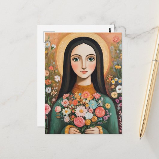 Wunderschöne Frau mit Blumen Postkarte (Vorderseite/Rückseite Beispiel)