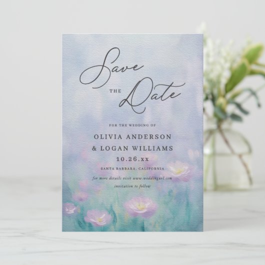 Wunderschöne Frühlings-Aquarell-Skript-Hochzeit Save The Date (Stehend Vorderseite)