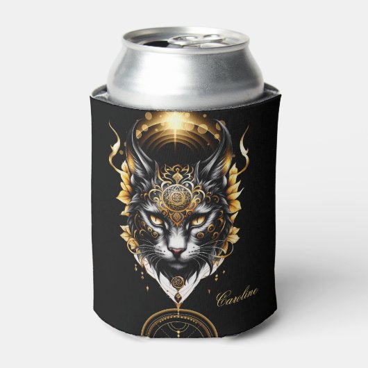 Wunderschöne goldene schwarze Katze. Dosenkühler (Kanne Vorderseite)