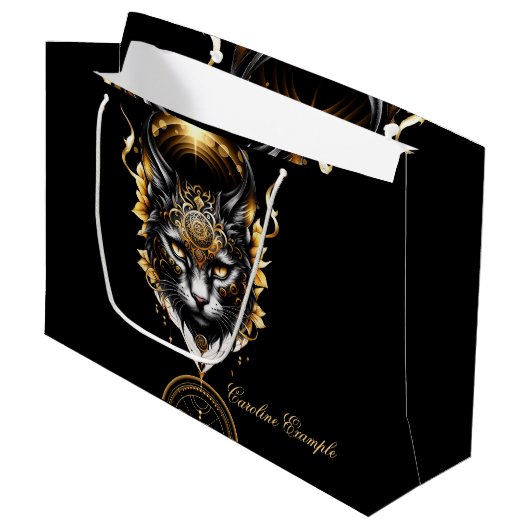 Wunderschöne goldene schwarze Katze. Große Geschenktüte (Vorderseite Schrägansicht)