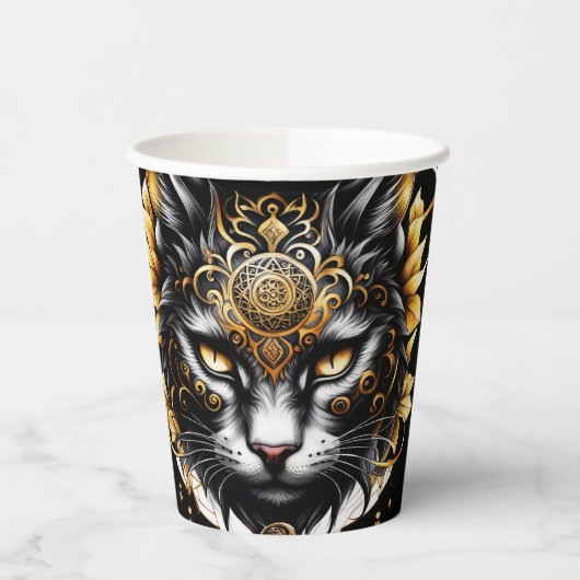 Wunderschöne goldene schwarze Katze. Pappbecher (Links)