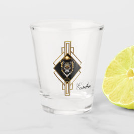 Wunderschöne goldene schwarze Katze. Schnapsglas