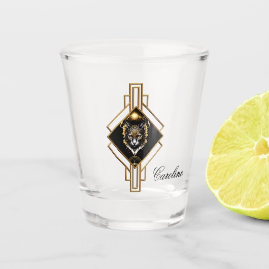 Wunderschöne goldene schwarze Katze. Schnapsglas (Vorderseite)