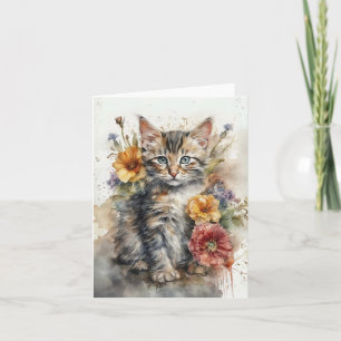 Wunderschöne Graue Getigerte Katze Blumen Leere Gr Karte