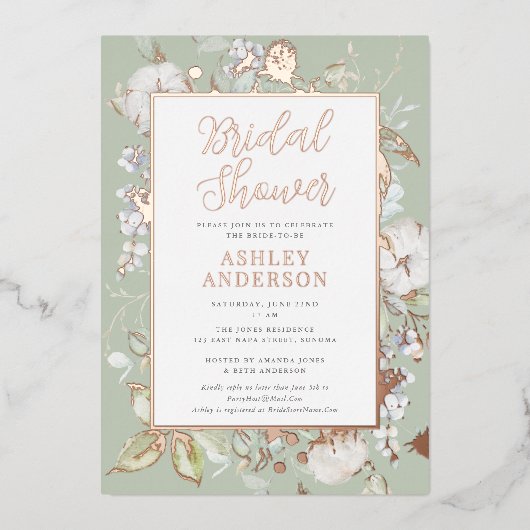 Wunderschöne grüne botanische Brautparty Rose Gold Folieneinladung (Vorderseite)