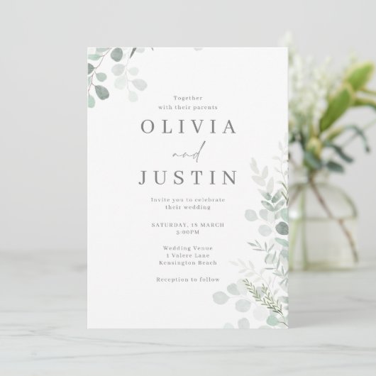 Wunderschöne grüne Leaf Moderne Hochzeit Einladung (Stehend Vorderseite)