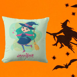 Wunderschöne Halloween-Hexe mit Broom und Sternen Kissen