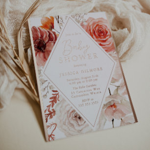 Wunderschöne Herbst-Blumen- und Roségold-Baby-Part Folieneinladung
