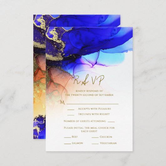 Wunderschöne Indigo Blue Orange Gold Wedding RSVP  (Vorne/Hinten)