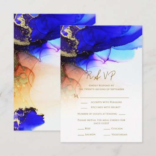 Wunderschöne Indigo Blue Orange Gold Wedding RSVP Karte (Vorne/Hinten)