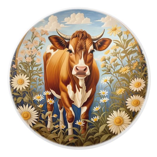 Wunderschöne Jersey-Kuh im Daisy-Feld Vintag Keramikknauf (Vorderseite)
