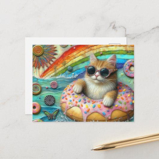 Wunderschöne Katze in einer Doughnut am See Postkarte (Vorderseite/Rückseite Beispiel)