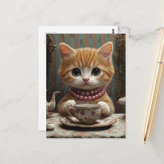 Wunderschöne Katze in rosa Perlen beim Tee Postkarte (Vorderseite/Rückseite Beispiel)