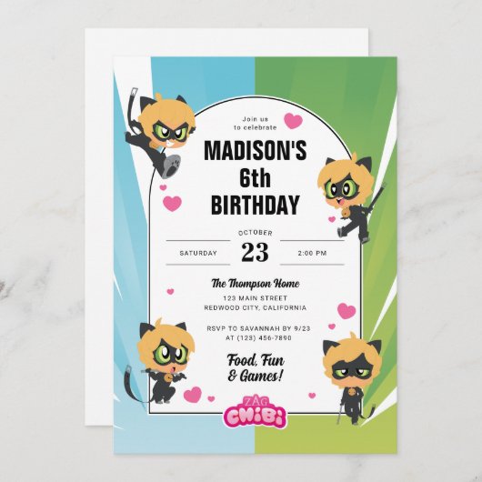 Wunderschöne Katze Noir Chibi Geburtstag Einladung (Vorne/Hinten)