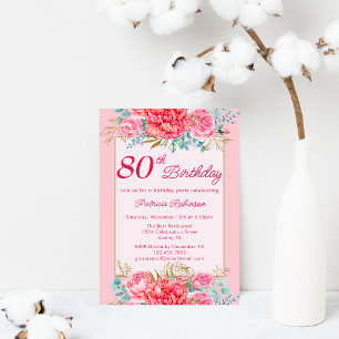 Wunderschöne korallenrosa Blumenparty zum 80. Gebu Einladung