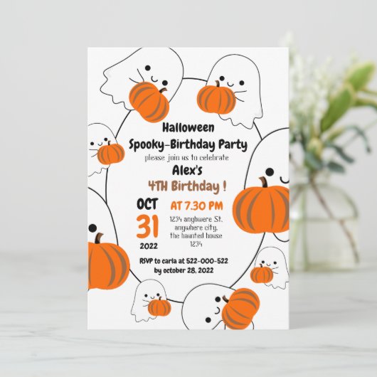 Wunderschöne Kürbiskürbis-Kinder zwischen Geburtst Einladung (Stehend Vorderseite)