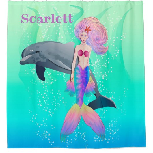 Wunderschöne Magic-Meerjungfrau mit ihrer Dolphin- Duschvorhang (Vorderseite)
