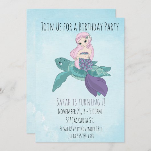 Wunderschöne Meerjungfrau auf einer Meeresschildkr Einladung (Vorne/Hinten)