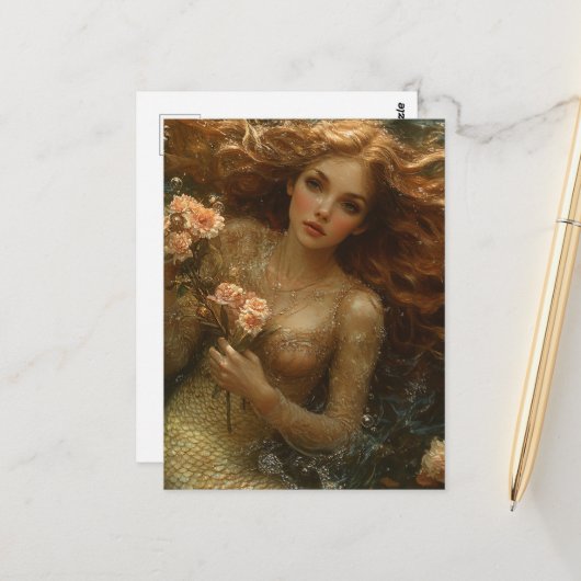 Wunderschöne Meerjungfrau mit Blumen Postkarte (Vorderseite/Rückseite Beispiel)