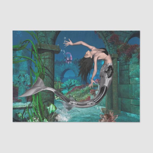 Wunderschöne Meerjungfrau mit Fantasiefisch Seidenpapier (Vorderseite)