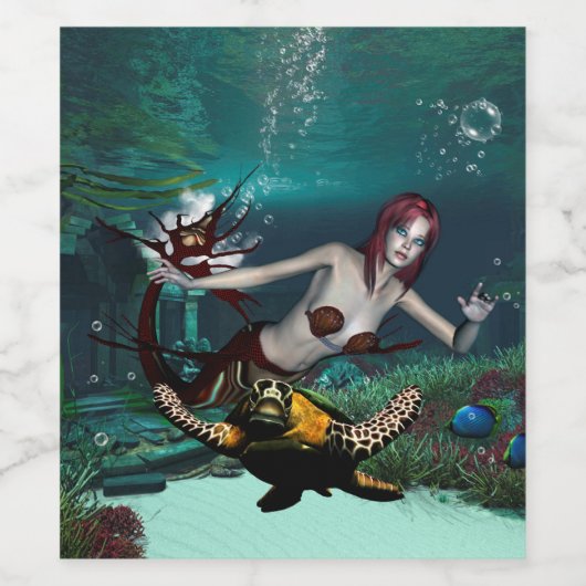 Wunderschöne Meerjungfrau mit Schildkröte Weinetikett (Einzelnes Label)