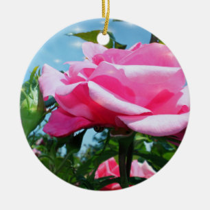 Wunderschöne rosa Rose am blauen Himmel. Valentins Keramikornament