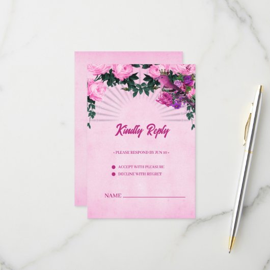 Wunderschöne rosa Rosen RSVP Karte (Vorderseite/Rückseite Beispiel)