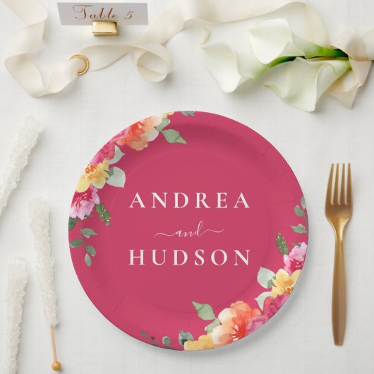 Wunderschöne rosa Wasserfarben-Blumen-Hochzeit Pappteller (Hochzeit)