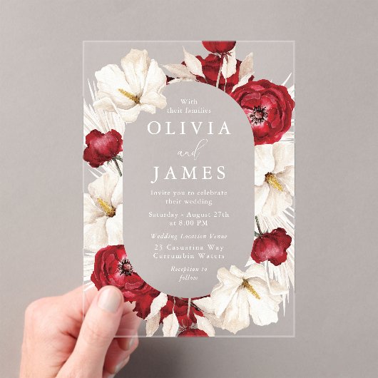 Wunderschöne Rot & Weiß Blume Schöne Hochzeit Acryleinladungen (Insitu (Handheld))