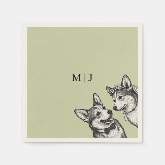 Wunderschöne Salbeigrüne - Whimsical Corgi Hochzei Serviette (Vorderseite)