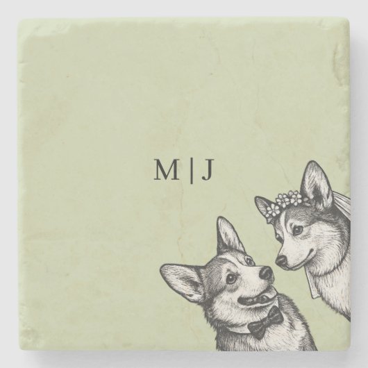 Wunderschöne Salbeigrüne - Whimsical Corgi-Hochzei Steinuntersetzer (Vorderseite)