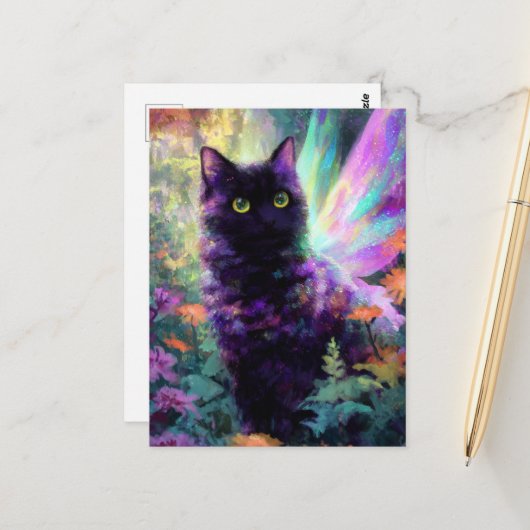 Wunderschöne schwarze Katze mit Feenflügeln Postkarte (Vorderseite/Rückseite Beispiel)