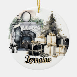 Wunderschöne schwarze, weiße und goldene Weihnacht Keramik Ornament