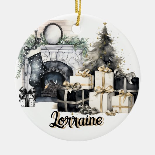 Wunderschöne schwarze, weiße und goldene Weihnacht Keramik Ornament (Vorne)