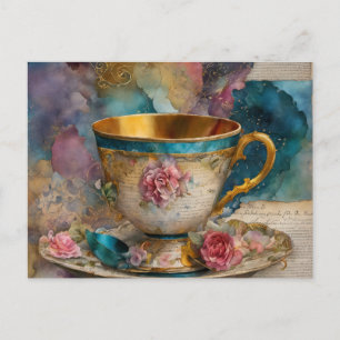 Wunderschöne Teetasse Mixed-Media-Collage-Malerei Postkarte