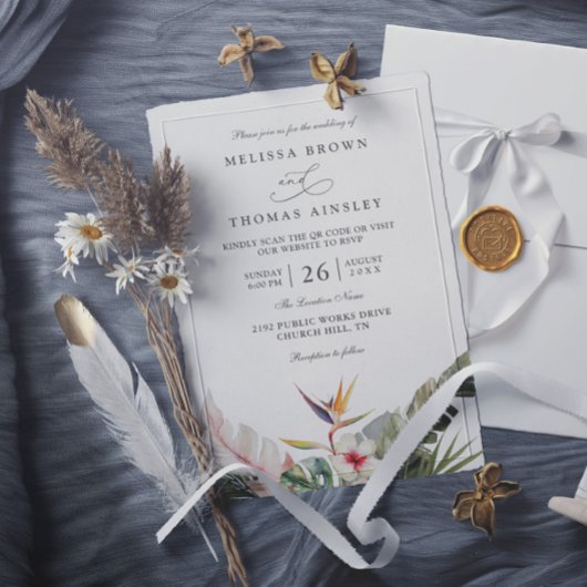 Wunderschöne tropische Botanicals QR-Code-Hochzeit Einladung