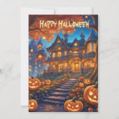 Wunderschöne Villa im Wald, Kürbisse, Halloween Einladung (Vorderseite)