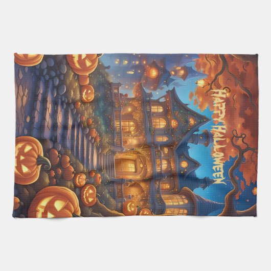 Wunderschöne Villa im Wald, Kürbisse, Halloween Geschirrtuch (Horizontal)
