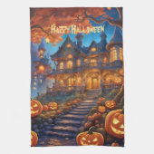 Wunderschöne Villa im Wald, Kürbisse, Halloween Geschirrtuch (Vertikal)