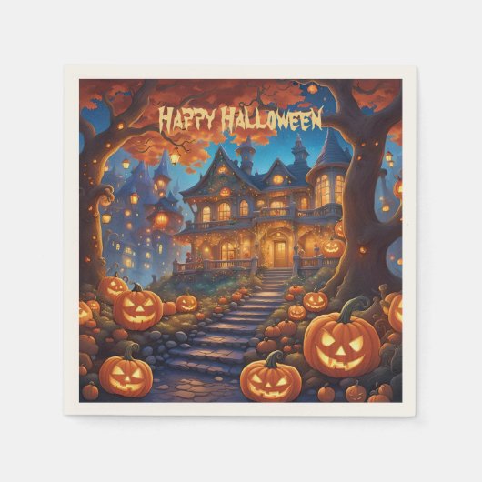 Wunderschöne Villa im Wald, Kürbisse, Halloween Serviette (Vorderseite)