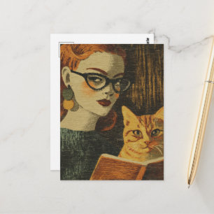 Wunderschöne Vintage-Dame und ihre Katze beim Lese Postkarte