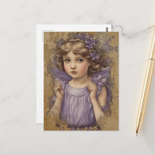 Wunderschöne Vintage-Fee und lila Blumen Postkarte (Vorderseite/Rückseite Beispiel)