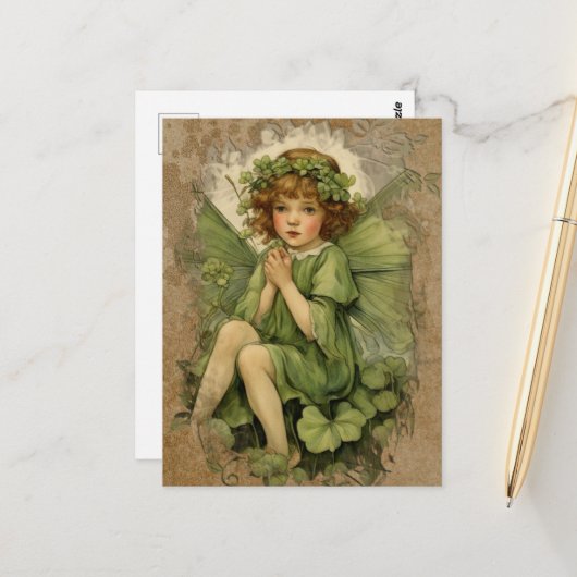 Wunderschöne Vintage-Fee und Shamrocks Postkarte (Vorderseite/Rückseite Beispiel)