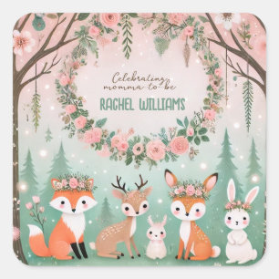 Wunderschöne Waldkreaturen mit Babydusche Quadratischer Aufkleber