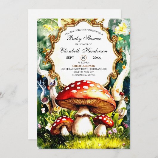 Wunderschöne Waldpuschroom-Babydusche Einladung (Vorne/Hinten)