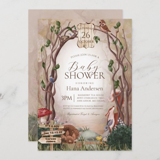 Wunderschöne Waldtierdusche Einladung (Vorne/Hinten)