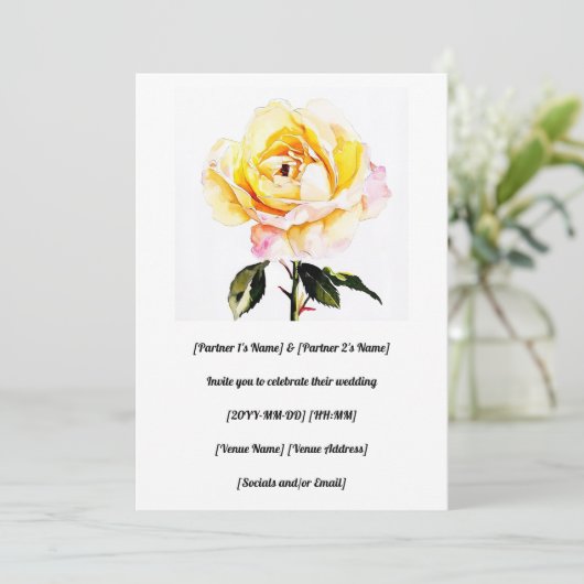 Wunderschöne, wasserfarbene Gelbe Rose Einladung (Stehend Vorderseite)