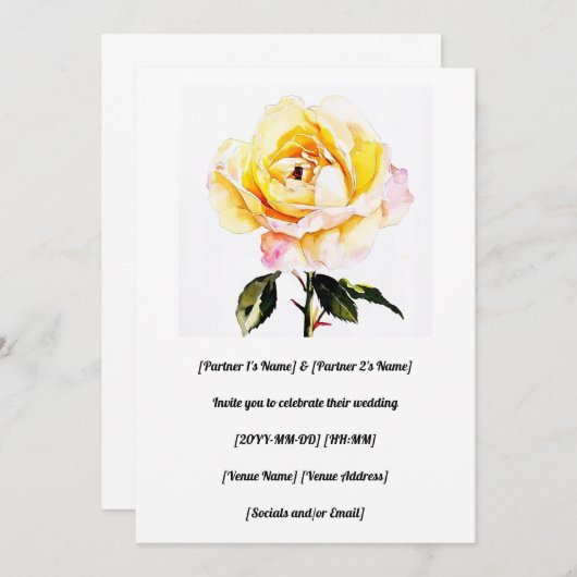 Wunderschöne, wasserfarbene Gelbe Rose Einladung (Vorne/Hinten)